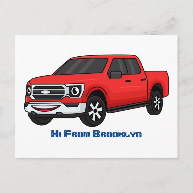 Cute red pickup truck cartoon illustration postcard (Front)