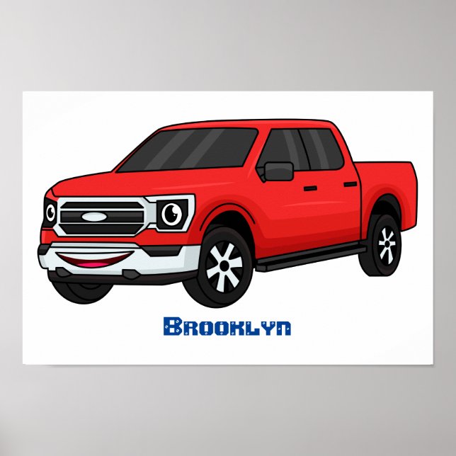 Cute red pickup truck cartoon illustration poster (Front)