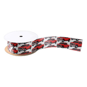 Cute red pickup truck cartoon illustration  satin ribbon