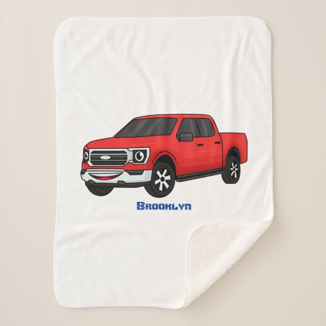 Cute red pickup truck cartoon illustration  sherpa blanket (Front)