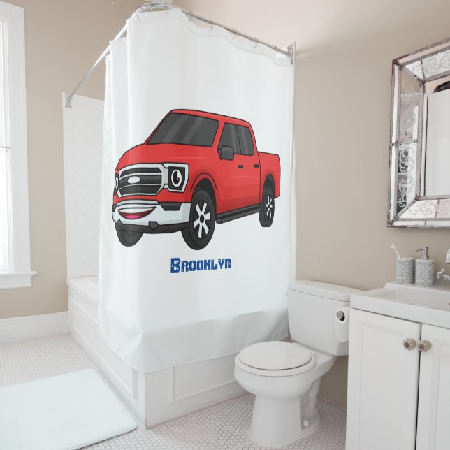 Cute red pickup truck cartoon illustration shower curtain (In Situ)