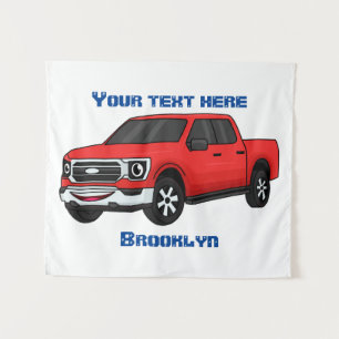 Cute red pickup truck cartoon illustration tapestry