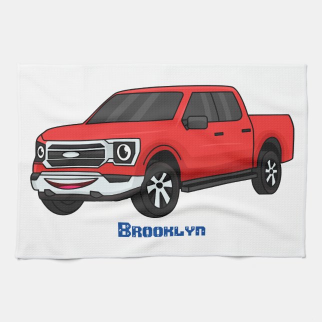 Cute red pickup truck cartoon illustration tea towel (Horizontal)