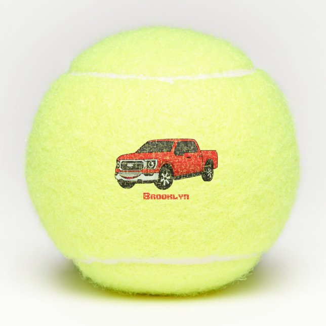 Cute red pickup truck cartoon illustration tennis balls (Front)