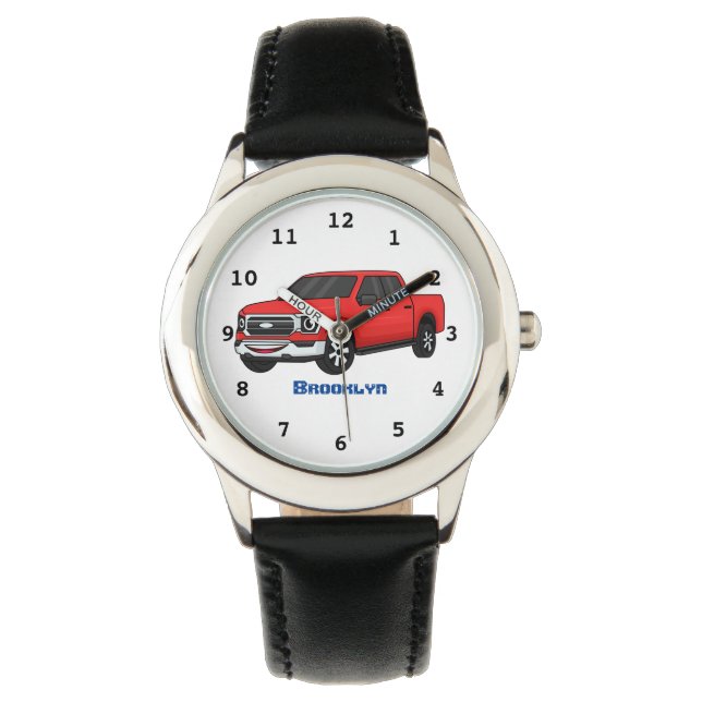 Cute red pickup truck cartoon illustration watch (Front)