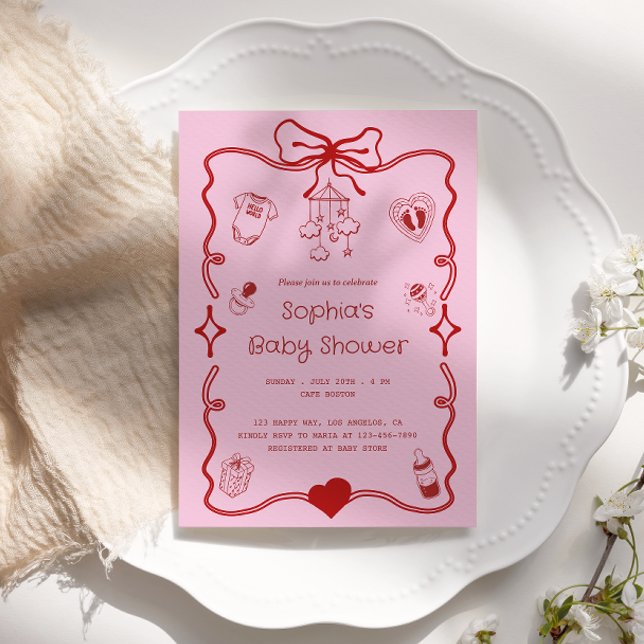 Cute Red & Pink Baby Shower for Girls or Boys  Invitation (Creator Uploaded)