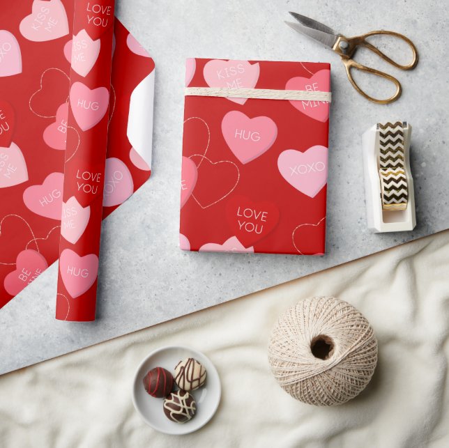 Cute Red Pink Candy Messages Valentines Day Wrapping Paper (Crafts)