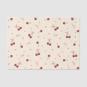 Cute Red Pink Cherries Hearts Bows on Cream Tissue Paper
