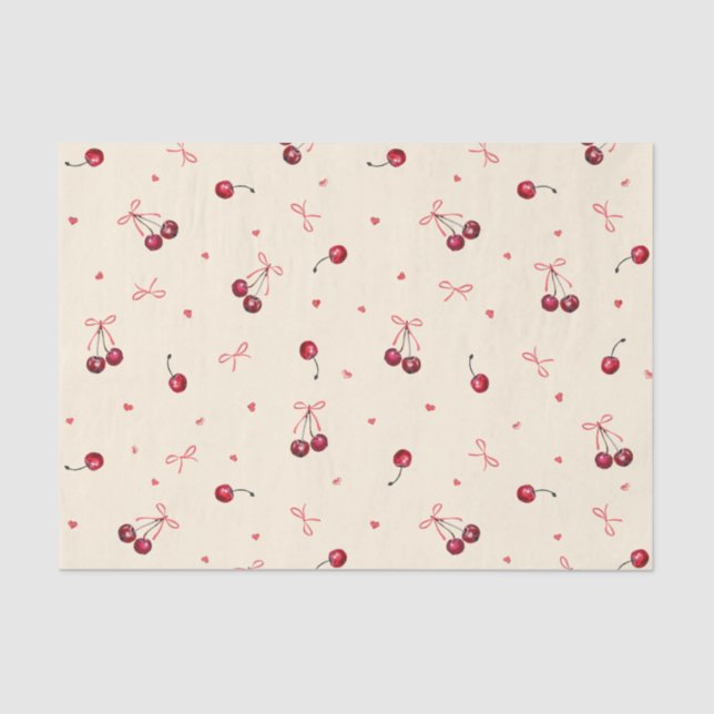 Cute Red Pink Cherries Hearts Bows on Cream Tissue Paper (Front)