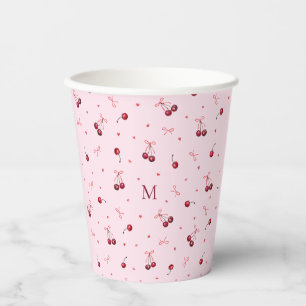 Cute Red Pink Cherries Hearts Bows with Monogram Paper Cups