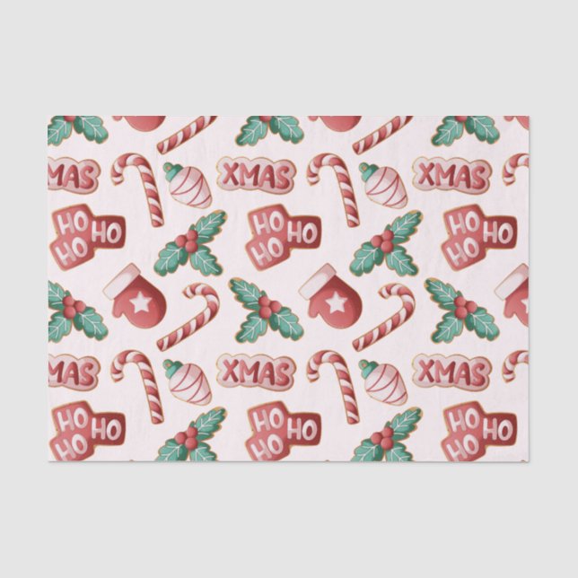 Cute Red & Pink Christmas Cookie Candycane Pattern Tissue Paper (Front)