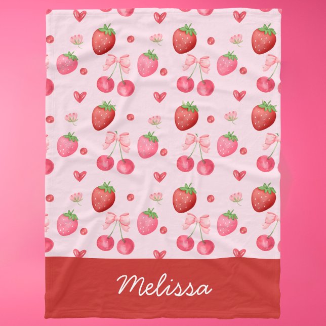 Cute Red Pink Coquette Strawberry Cherry  Fleece Blanket (Creator Uploaded)