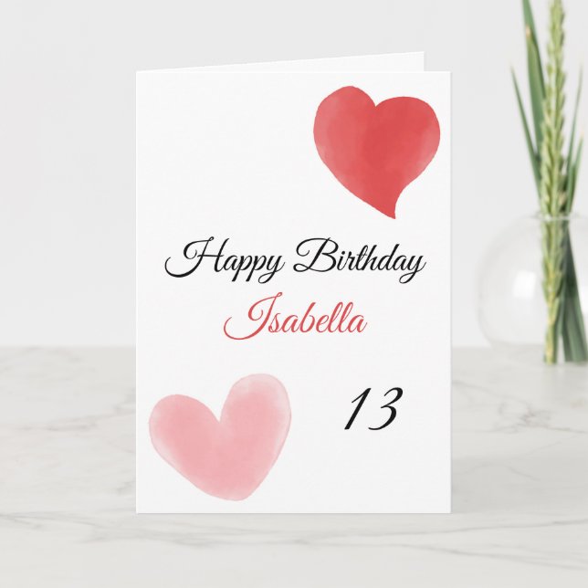 Cute Red & Pink Double Paint Hearts 13th Birthday Card (Front)