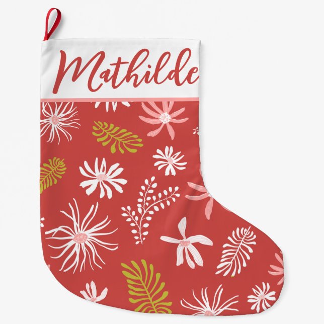 Cute Red & pink floral calligraphy script Large Christmas Stocking (Front)