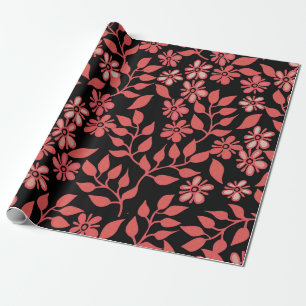 Cute Red & Pink Flowers on Black Background Gift Wrapping Paper