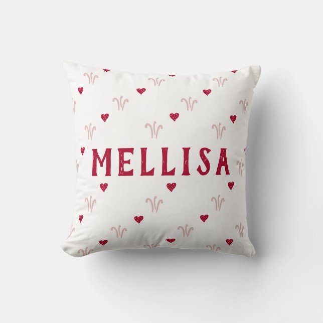 Cute Red Pink Heart Pattern Name Cushion (Front)