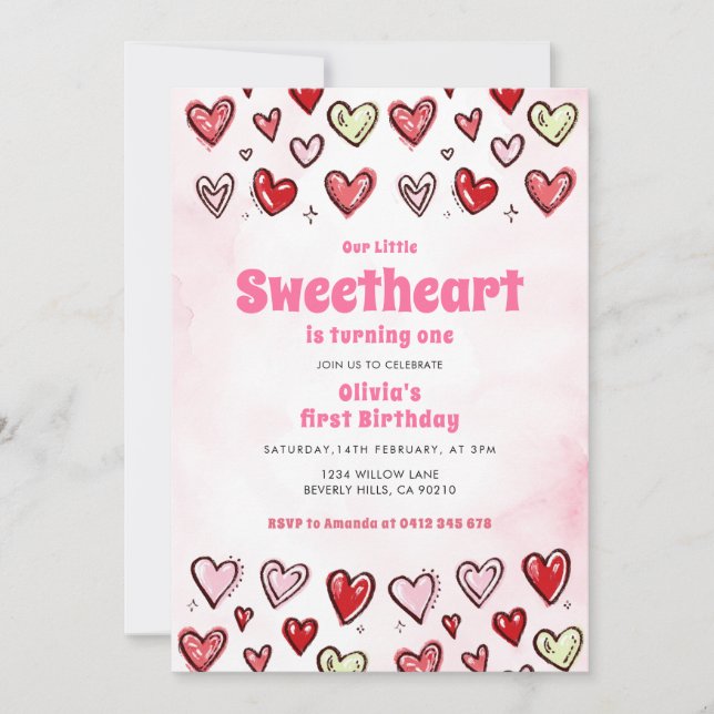 Cute Red Pink Hearths Valentine 1st Birthday  Invitation (Front)