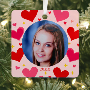 Cute Red Pink Hearts Custom 2 Photo Personalised Metal Tree Decoration