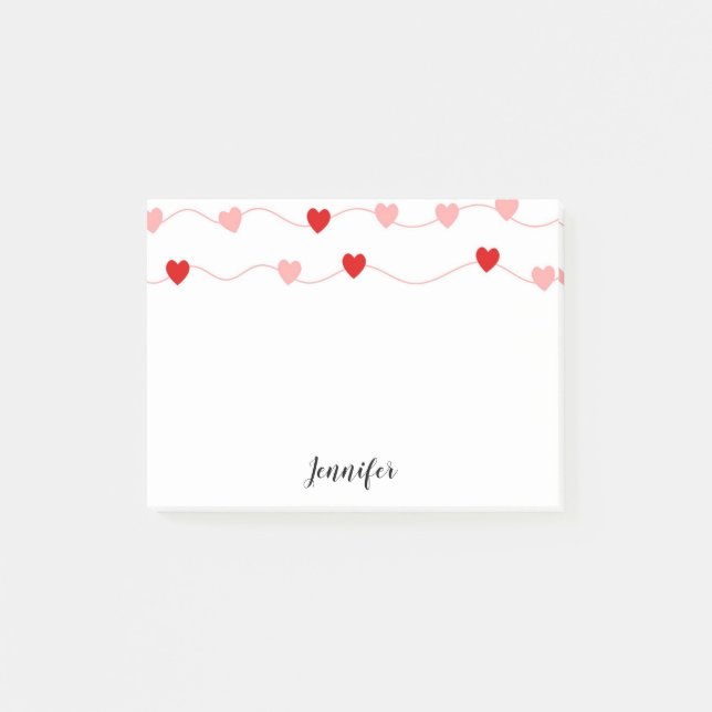 Cute Red Pink Hearts On String Personalised Post-it Notes (Front)
