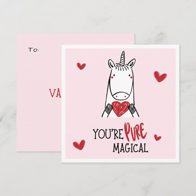Cute Red Pink Hearts Unicorn Kids Valentine's Day Card (Front/Back)