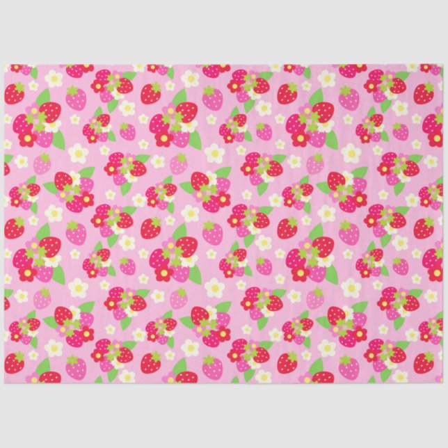 Cute Red & Pink Strawberries & Flowers on Pink Tissue Paper (Front)