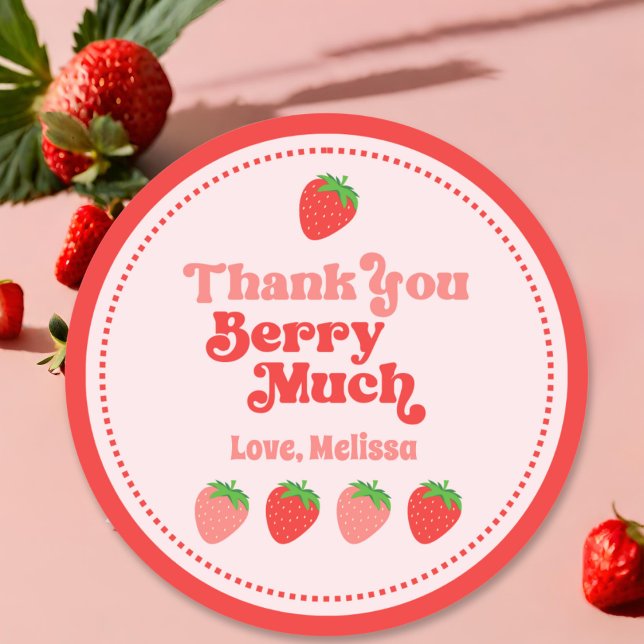 Cute Red Pink Strawberry Thank You Berry Much Classic Round Sticker (Creator Uploaded)
