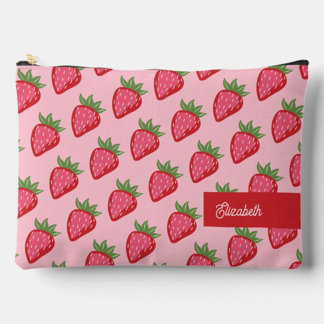 Cute Red Pink Strawberry Themed Personalised Accessory Pouch (Front)