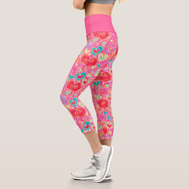 Cute Red Pink Turquoise Whimsical Hearts Pattern Capri Leggings (Left)