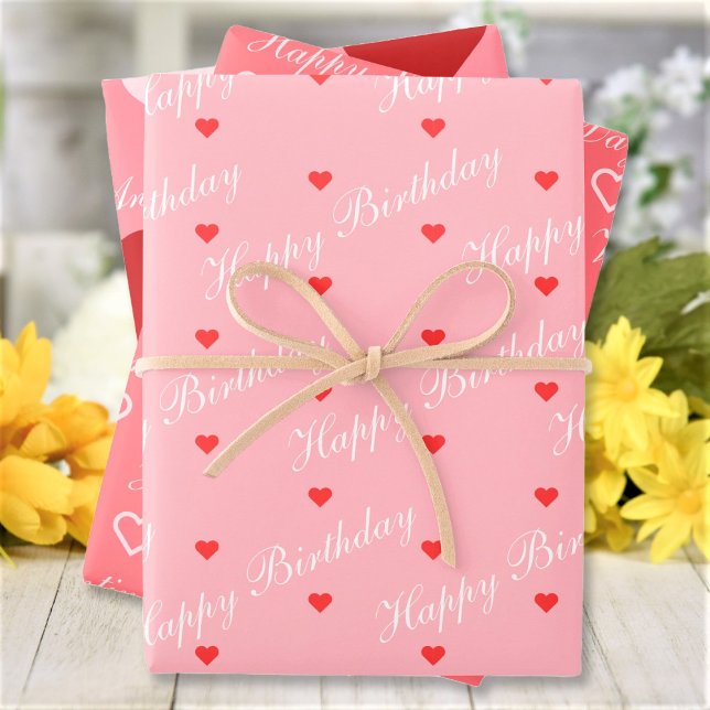 Cute Red Pink White Hearts Custom Script Text Wrapping Paper Sheet (Creator Uploaded)