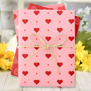 Cute Red Pink White Hearts Patterns Wrapping Paper Sheet