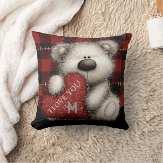 Cute Red Plaid Bear I Love You Custom Monogram Cushion