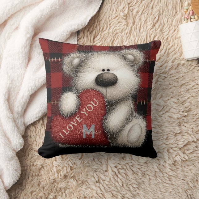 Cute Red Plaid Bear I Love You Custom Monogram Cushion (Blanket)