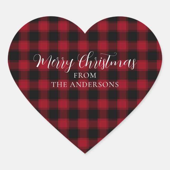 Cute Red Plaid Chequered Pattern Merry Christmas Heart Sticker (Front)