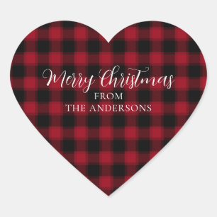 Cute Red Plaid Chequered Pattern Merry Christmas Heart Sticker