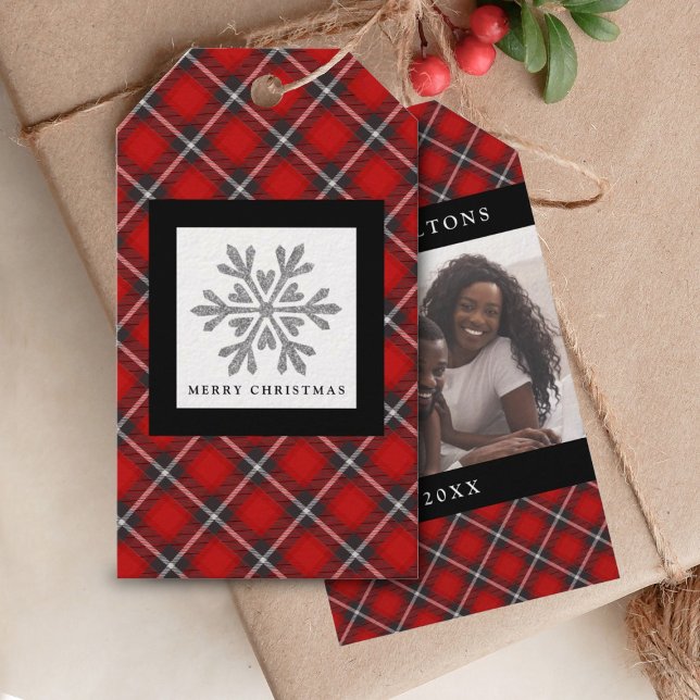 Cute Red Plaid Christmas Photo Gift Tag (An elegant photo Christmas tag featuring a snowflake and your family photo.)