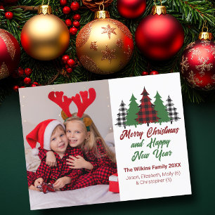 Cute Red Plaid Christmas Trees Family Photo Holiday Card
