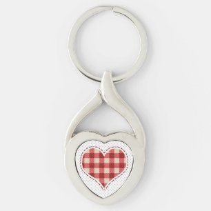 Cute Red Plaid Heart and Dots Key Ring