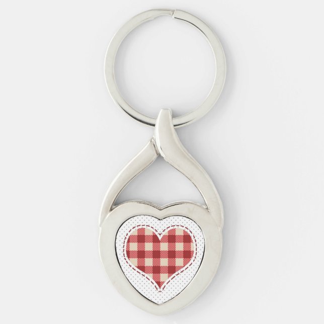 Cute Red Plaid Heart and Dots Key Ring (Front)