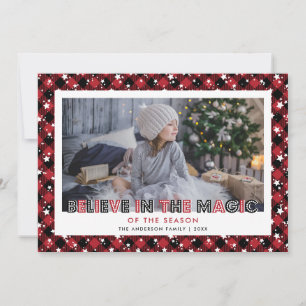 Cute Red Plaid Stars Snow Photo Holiday Card