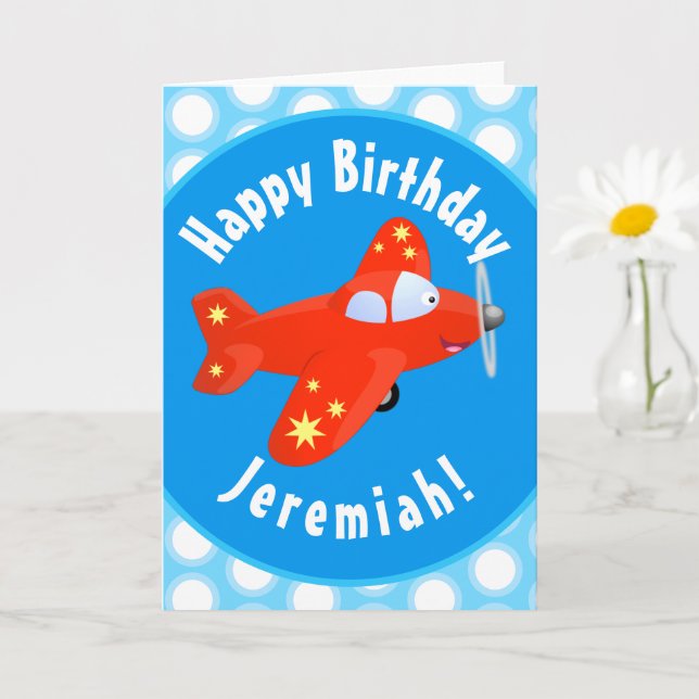 Cute red plane flying cartoon illustration card (Small Plant)