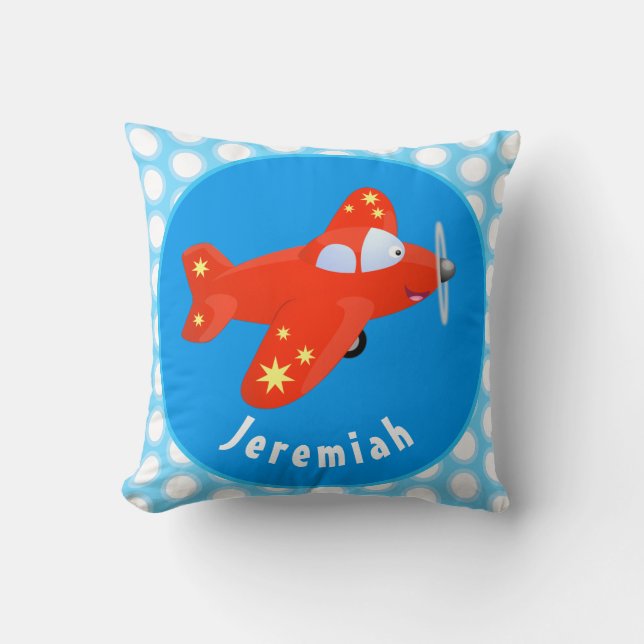 Cute red plane flying cartoon illustration cushion (Front)