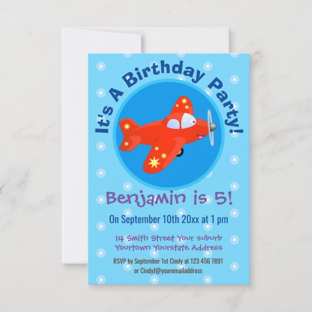 Cute red plane flying cartoon illustration invitation (Front)