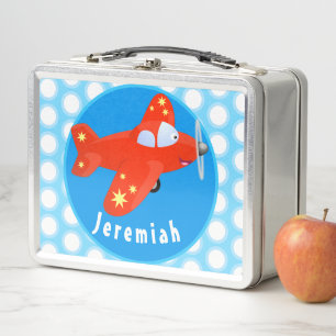 Cute red plane flying cartoon illustration metal lunch box