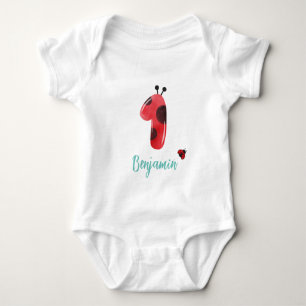 Cute red Polka dot Ladybug 1st Birthday party name Baby Bodysuit