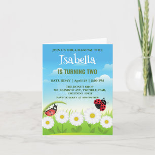 Cute red Polka dot Ladybug Daisy Flower Birthday Invitation