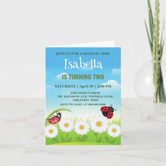 Cute red Polka dot Ladybug Daisy Flower Birthday  Invitation (Front)