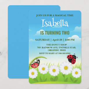 Cute red Polka dot Ladybug Daisy Flower Birthday  Invitation