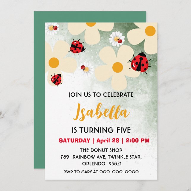 Cute red Polka dot Ladybug Daisy Flower Birthday  Invitation (Front/Back)