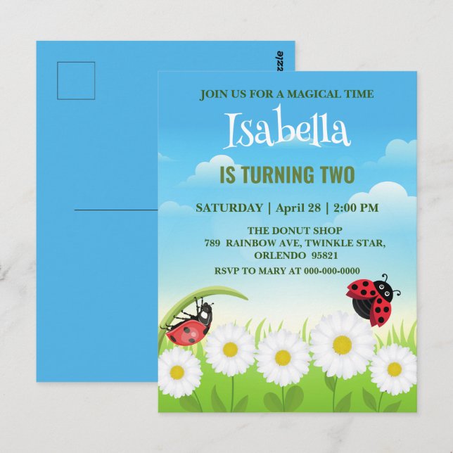 Cute red Polka dot Ladybug Daisy Flower Birthday  Postcard (Front/Back)