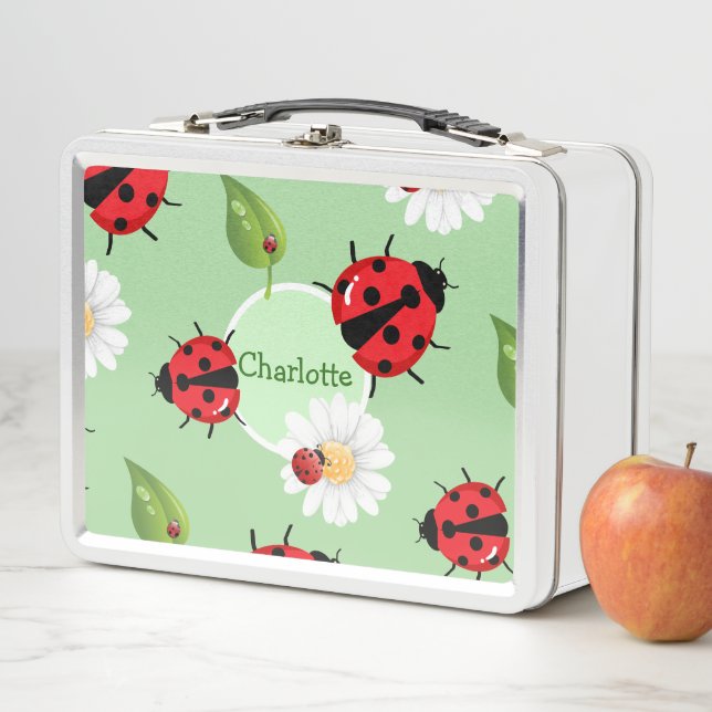 Cute red polka dot Ladybug Daisy flower summer Metal Lunch Box (In Situ)